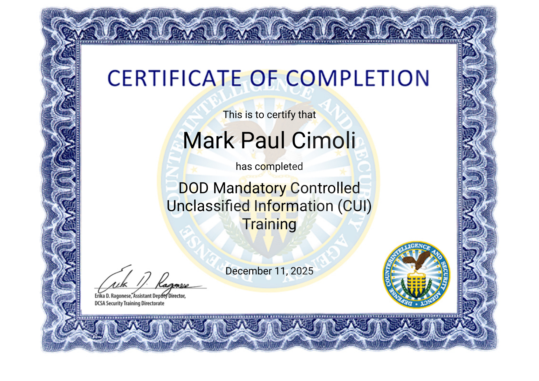 CMMC Certificate of Completion certificate for Mark Cimoli