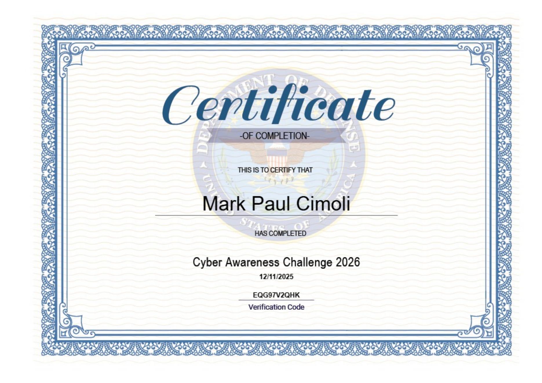 Cyber Awareness Challenge 2026 certificate for Mark Cimoli