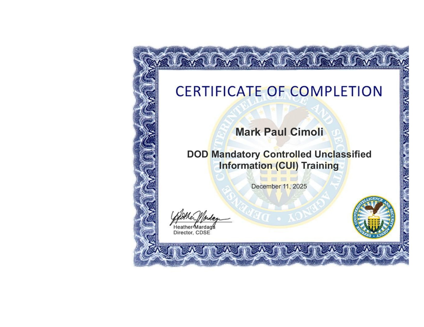 DOD Mandatory Controlled Unclassified Information Training certificate for Mark Cimoli