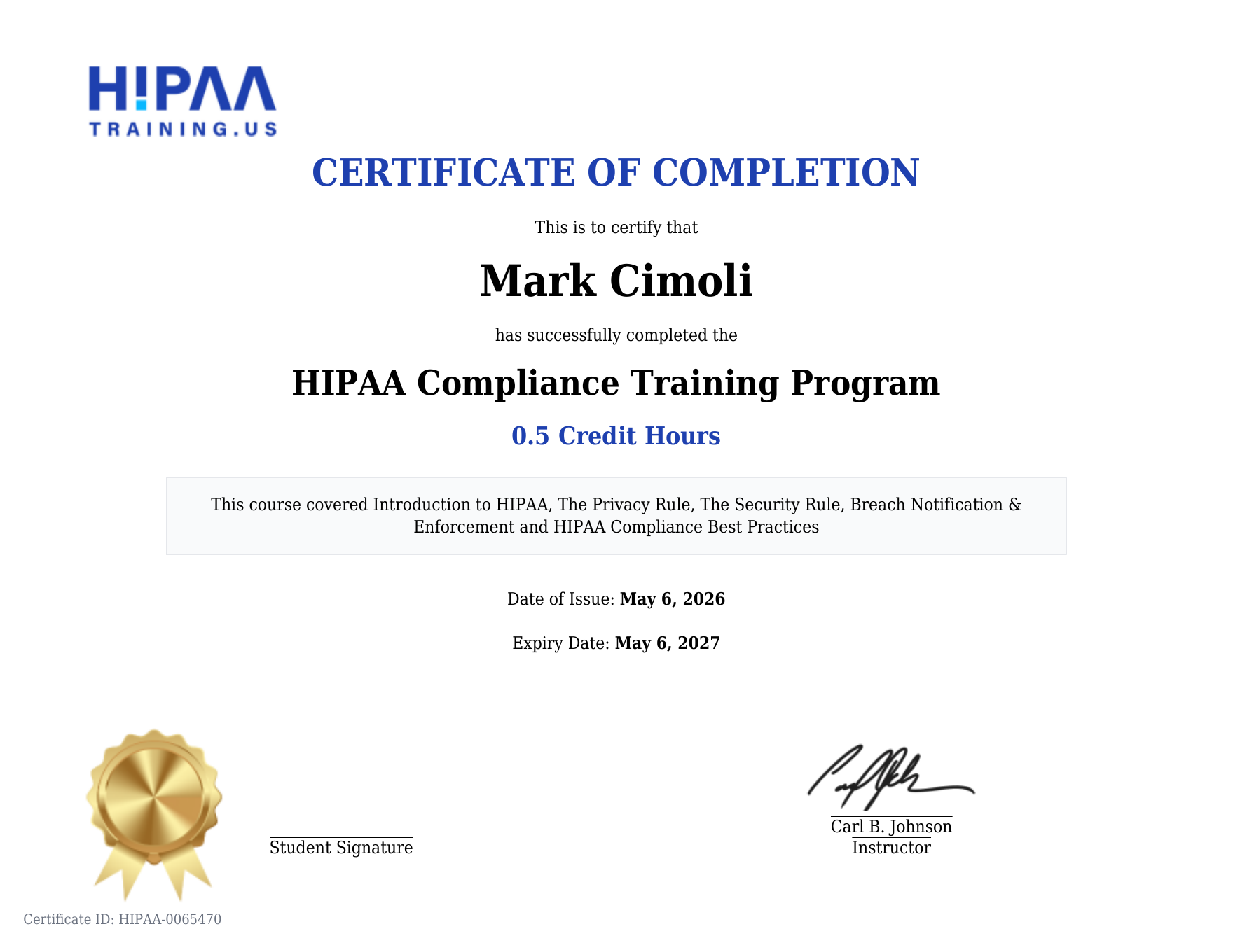 HIPAA Compliance Training Program certificate for Mark Cimoli