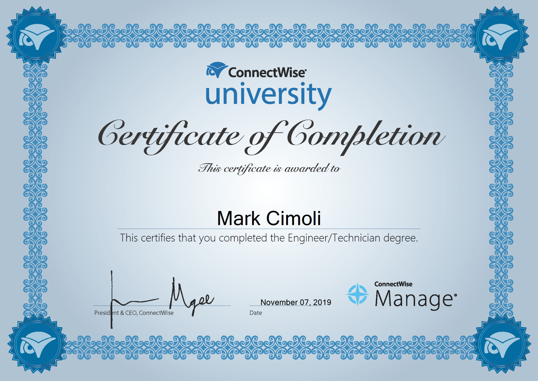 ConnectWise University Engineer/Technician Degree certificate for Mark Cimoli