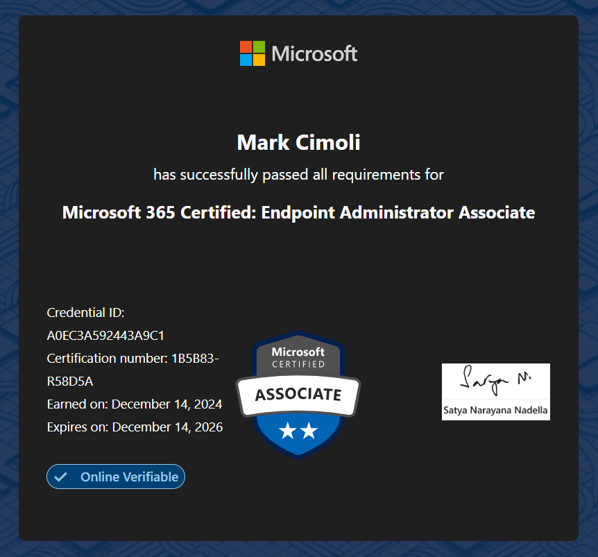Microsoft 365 Certified: Endpoint Administrator Associate certificate for Mark Cimoli